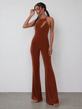 Edikted Brown Halter Jumpsuit Small Flare Leg Open Back Cutout Stretch Y2K